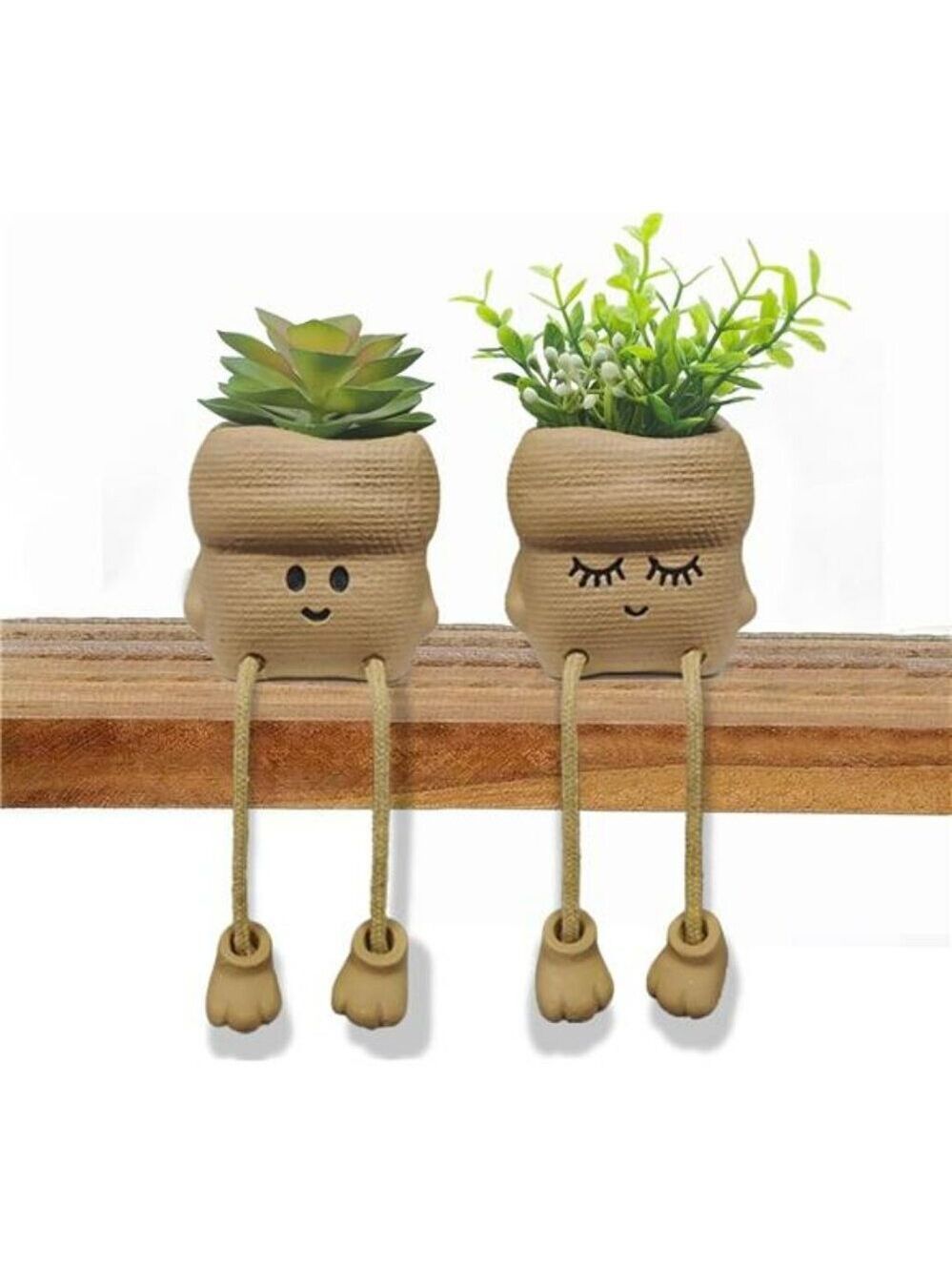 Set of 2 Smiley Face Succulent Planters with Artificial Plants Small Home Office